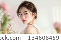 Beauty and fashion portrait of a young and cute Asian female model with beautiful skin | Floral background 134608459