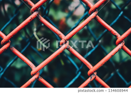 Colorful chain link fence with green background in urban setting 134608944