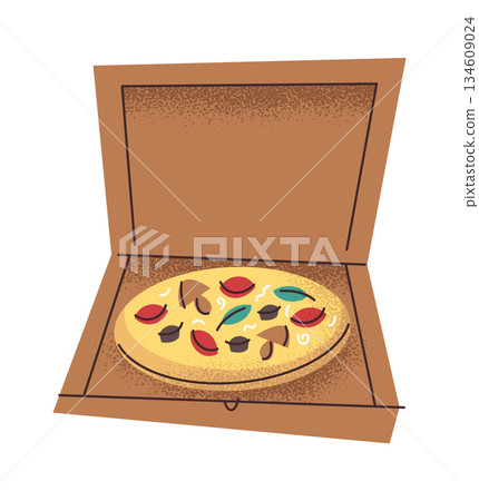 Baked pizza packed in box Baked pizza packed in box 134609024