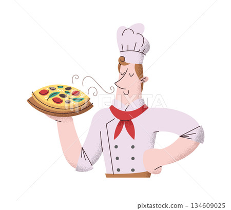 Happy chef baker serving pizza 134609025