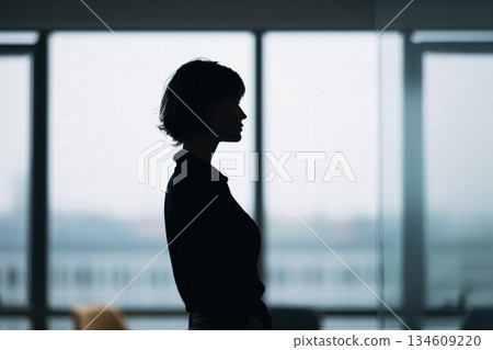 Silhouette Of A Woman In An Office With Large Window Backdrop, Quiet Contemplation Silhouette Of A Woman In An Office With Large Window Backdrop, Quiet Contemplation 134609220