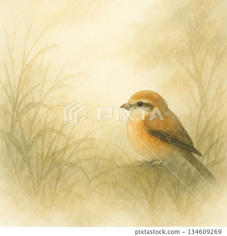 小鳥系列：一隻伯勞鳥從草叢中探出頭來，背景寧靜祥和。 134609269
