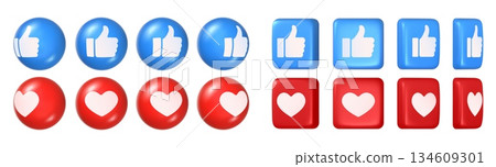 Social media like 3D icon with glossy heart and thumbs up for social media reaction, feedback and rating red and blue shiny button. Vector isolated set 134609301