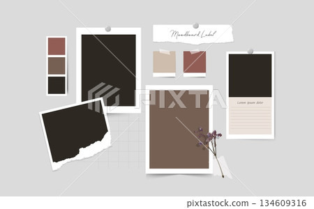 Moodboard mockup with torn paper frames and push pin for branding identity and aesthetic presentation. Neutral collage vector template with botanical swatches and taped notes for scrapbook layout 134609316