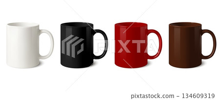 Ceramic mug and cup mockups for coffee and tea branding blank, white, black and red, brown template for printable merchandise. Realistic 3D rendering vector set 134609319