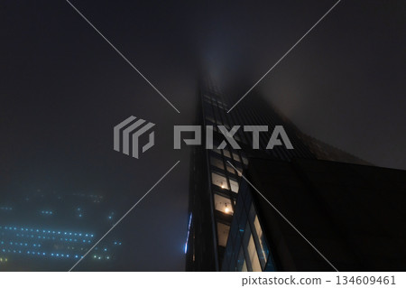 futuristic silhouette of a high-tech skyscraper standing tall against a foggy, dark blue night background. 134609461
