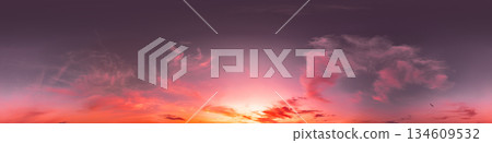 Sunset sky with bright glowing pink Cirrus clouds. Seamless spherical HDR 360 panorama. Full zenith or sky dome in 3D, sky replacement for aerial drone panoramas. Climate and weather change. Sunset sky with bright glowing pink Cirrus clouds. Seamless spherical HDR 360 panorama. Full zenith or sky dome in 3D, sky replacement for aerial drone panoramas. Climate and weather change. 134609532