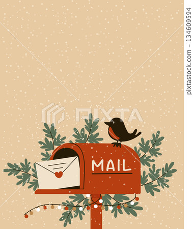 Christmas mailbox with letter and bird on snowy background vector illustration. 134609594