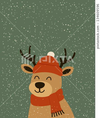 Cute Christmas reindeer in red hat and scarf on snowy green background flat vector illustration. 134609596
