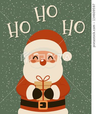 Cute Santa Claus holding gift box with Ho Ho Ho typography on snowy green background. Cute Santa Claus holding gift box with Ho Ho Ho typography on snowy green background. 134609597