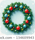 The image shows a Christmas or New Year's wreath decorated with red and blue baubles and LED lights 134609943