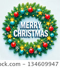 The image is a Christmas wreath - a decorative ornament made of pine needles and other elements with the inscription MERRY CHRISTMAS 134609947