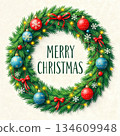 The image shows a Christmas wreath decorated with red and blue balls, red bows, snowflakes and garlands 134609948