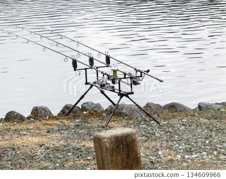 Fishing rods set up on the lakeside Fishing rods set up on the lakeside 134609966