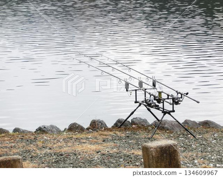 Fishing rods set up on the lakeside Fishing rods set up on the lakeside 134609967