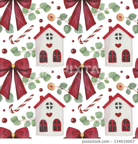 Watercolor seamless pattern for Christmas or New Year with bow, house, candy cane Watercolor seamless pattern for Christmas or New Year with bow, house, candy cane 134610007