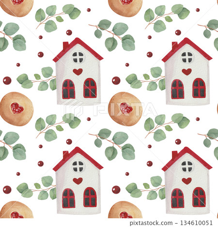 Watercolor seamless pattern with house, cookie, eucalypt, dove and hart Watercolor seamless pattern with house, cookie, eucalypt, dove and hart 134610051