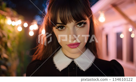 A young Caucasian woman with long dark hair and bangs wears a black dress with a white collar. The background features soft lights, creating a mystical Halloween atmosphere. 134610122