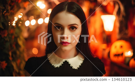 A young Caucasian woman with long black hair and a white collar dress stands in a dimly lit Halloween setting. Orange pumpkins and gothic decorations surround her. 134610123