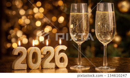 Two champagne flutes filled with sparkling drink beside the number 2026. Candles glow softly in the background, creating a festive holiday atmosphere. 134610247