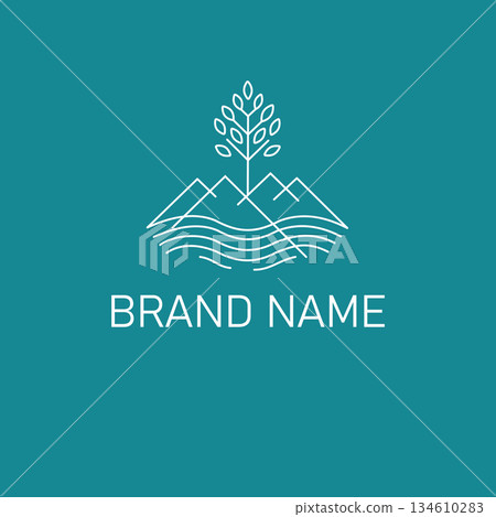 Simple minimalist line art tree and mountain logo Simple minimalist line art tree and mountain logo 134610283