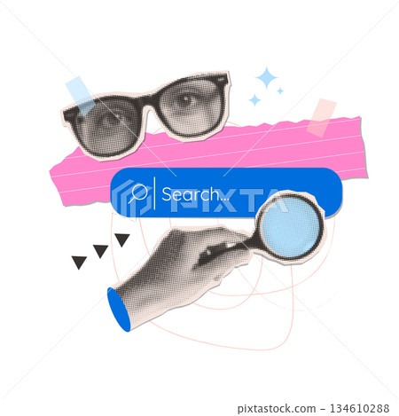 Search bar in retro paper collage style. Hand with magnifying glass and eyes in eyeglasses in halftone effect. Vector retro modern illustration with dots in pop art style on transparent background. Search bar in retro paper collage style. Hand with magnifying glass and eyes in eyeglasses in halftone effect. Vector retro modern illustration with dots in pop art style on transparent background. 134610288