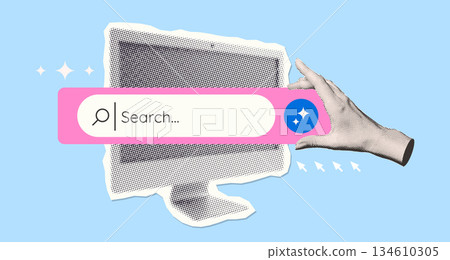 Trendy minimalistic Halftone effect Computer laptop with hand holding a Search bar. SEO marketing concept. Online search job. Grunge vintage poster. Vector illustration collage art 134610305