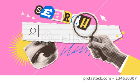 Pop art paper collage with halftone hand with loupe, eye and search box. Person looking for information in the search bar. Concept of searching, looking, finding in internet. SEO concept. Vector Pop art paper collage with halftone hand with loupe, eye and search box. Person looking for information in the search bar. Concept of searching, looking, finding in internet. SEO concept. Vector 134610307