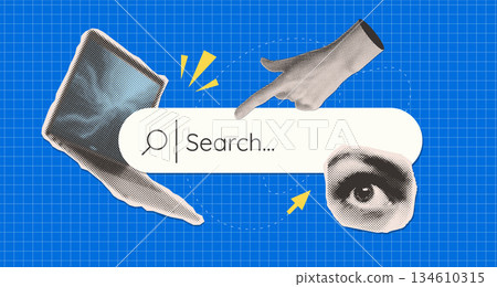 Trendy Halftone Collage Laptop with Search bar, eye and hand with point finger. Online search job. Seo marketing concept. Finding opportunities. Dotted pop art. Torn out paper elements. Vector. 134610315