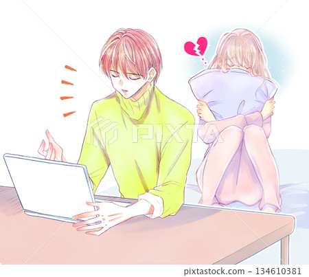 A man and a sad-looking woman smiling and talking at a laptop A man and a sad-looking woman smiling and talking at a laptop 134610381