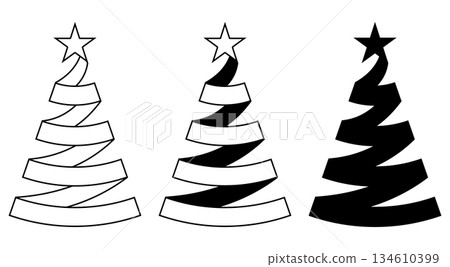 set of Christmas tree spiral ribbon decoration illustration of a black and white decorated ribbon and star 134610399