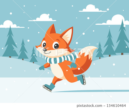 Happy cute fox in scarf skating in a winter landscape. Holiday illustration.	 134610464
