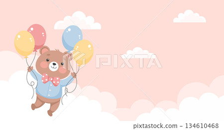 Adorable teddy bear floating among clouds with balloons. Holiday illustration. Birthday card Adorable teddy bear floating among clouds with balloons. Holiday illustration. Birthday card 134610468