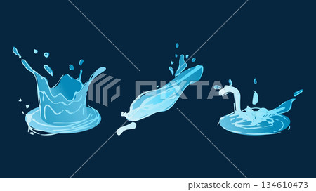 Dynamic liquid water splash with falling droplet, crashing sea wave and swirling eddies. For advertising web design or marketing visuals. Vector illustration. Dynamic liquid water splash with falling droplet, crashing sea wave and swirling eddies. For advertising web design or marketing visuals. Vector illustration. 134610473