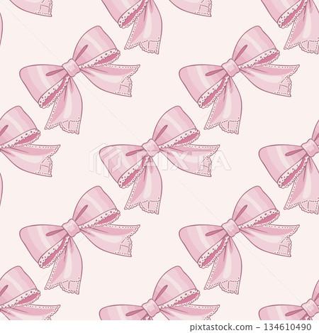 Vector seamless coquette pattern with soft pastel pink bows on light pink background 134610490