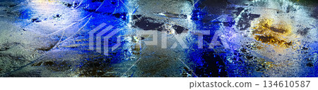 Reflection of night city lights on wet pavement, wide banner background 134610587