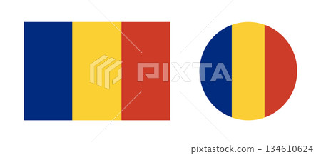 Flag of the Romania. Set of Romanian Flag circle, rectangle icons. Round, rectangular Romanian flags. 134610624