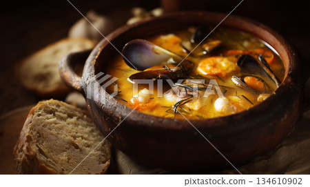 Bouillabaisse-Style Seafood Soup in Clay Pot with Crusty Bread 134610902
