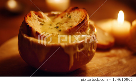 French Onion Soup with Toasted Bread and Melted Cheese 134610905