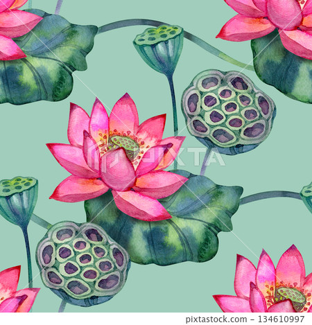 Watercolor seamless pattern with blooming pink lotus flowers, lush leaves, and seed pods. Calm botanical design suitable for textiles, wellness themes, spa prints, wallpapers, and elegant natural 134610997