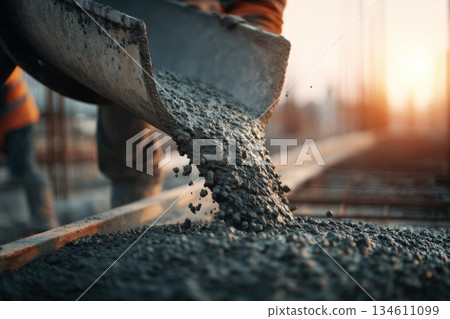 Construction Worker Pouring Concrete at Golden Hour with Detailed Texture 134611099