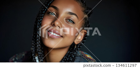 Confident Teenage Girl with Braids Smiling in Professional Beauty Lighting 134611297