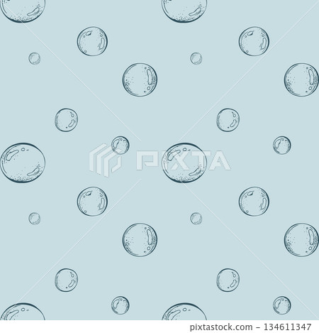 Underwater bubbles seamless pattern. Graphic line art hand drawn illustration of air or water droplet for marine life and sea creative design on a blue background Underwater bubbles seamless pattern. Graphic line art hand drawn illustration of air or water droplet for marine life and sea creative design on a blue background 134611347