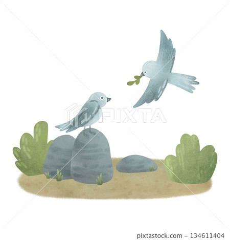 Composition: birds, rocks, sand, bushes. Cartoon illustration in a flat style. Watercolor, pastel, gouache, gray, green. For design of children's products Composition: birds, rocks, sand, bushes. Cartoon illustration in a flat style. Watercolor, pastel, gouache, gray, green. For design of children's products 134611404