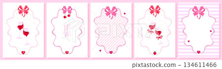 Set of pink Valentine day vintage card frames with preppy hearts, ribbons, sweet strawberries, cherries and wine glasses. Vector illustration for romantic graphic designs, wedding invites and festive Set of pink Valentine day vintage card frames with preppy hearts, ribbons, sweet strawberries, cherries and wine glasses. Vector illustration for romantic graphic designs, wedding invites and festive 134611466