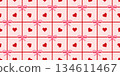 Valentines day gift seamless pattern with red hearts, pink bows, and soft pink grid background for romantic themes and decoration. Vector illustration 134611467