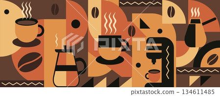 Coffee Themed Geometric seamless pattern in Bauhaus style. Abstract mosaic background. Coffee icons, line design with simple shapes for coffee shops, cafe walls, and menu. 134611485