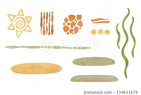 Set elements: decorative elements of African motifs. Cartoon illustration in a flat style. Watercolor, pastel, gouache. For design of children's products, prints, packaging, textiles, wallpapers. Set elements: decorative elements of African motifs. Cartoon illustration in a flat style. Watercolor, pastel, gouache. For design of children's products, prints, packaging, textiles, wallpapers. 134611678
