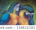 Two macaw parrots sitting side by side on a branch. Painting style. 134612181