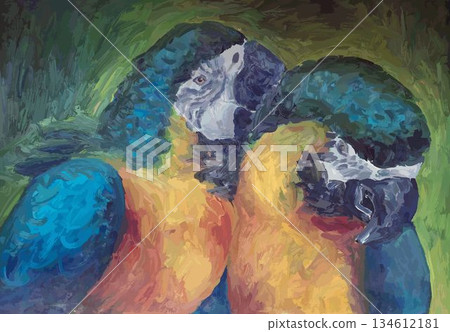 Two macaw parrots sitting side by side on a branch. Painting style. 134612181